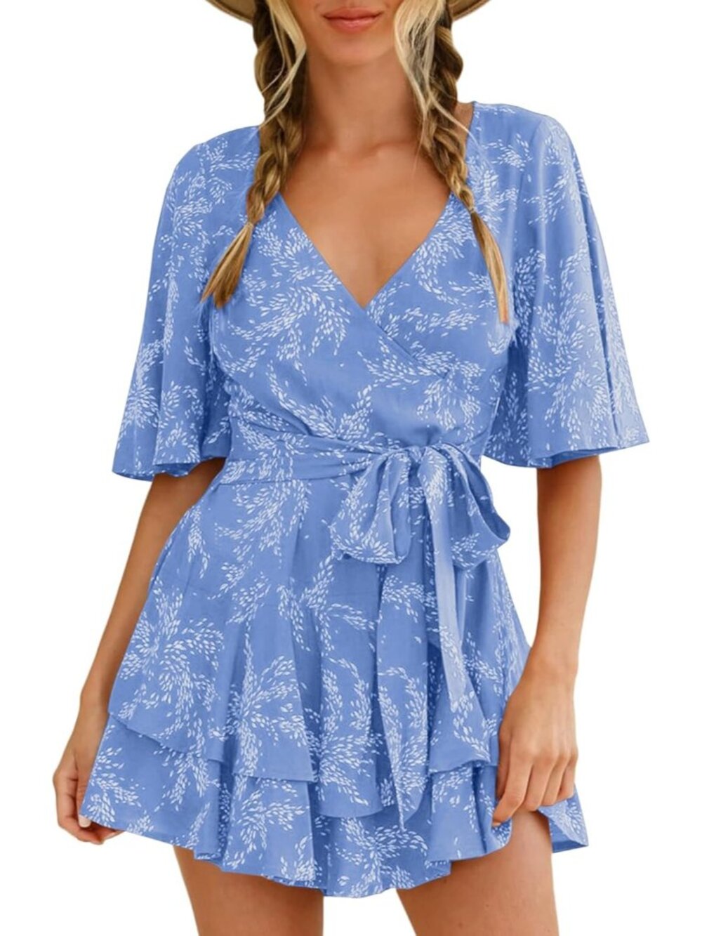 Women's Summer Short Light Blue Flared Sleeve Romper V Neck Floral Jumpsuit